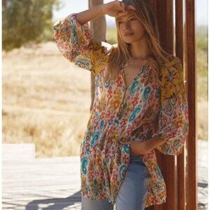 Anthropologie Maureen Paisley Tunic Dress S Small Babydoll Chiffon Flowy Top